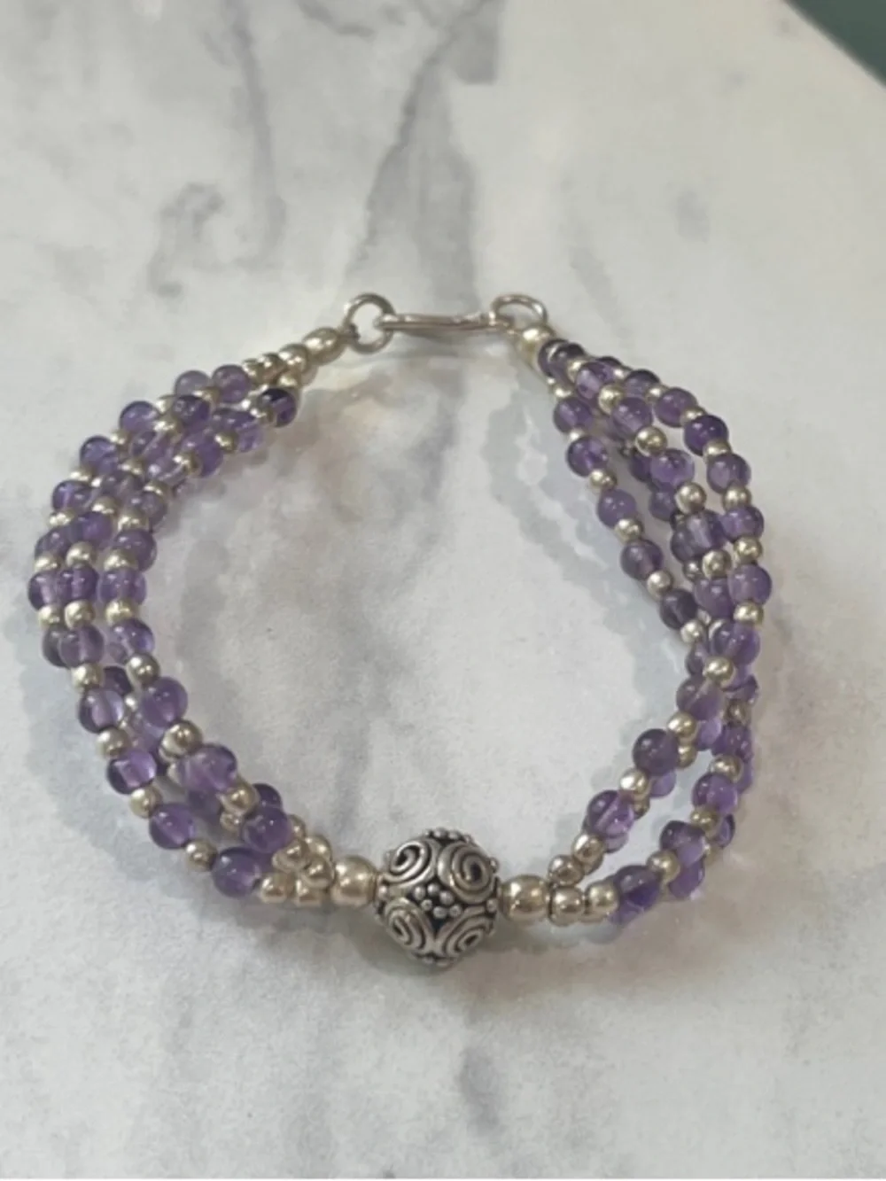 Triple-Strand Purple Amethyst Gemstones Bracelet with Sterling Silver Accents